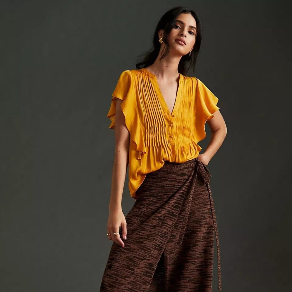 Anthropologie Golden Yellow Pleated V-Neck Blouse